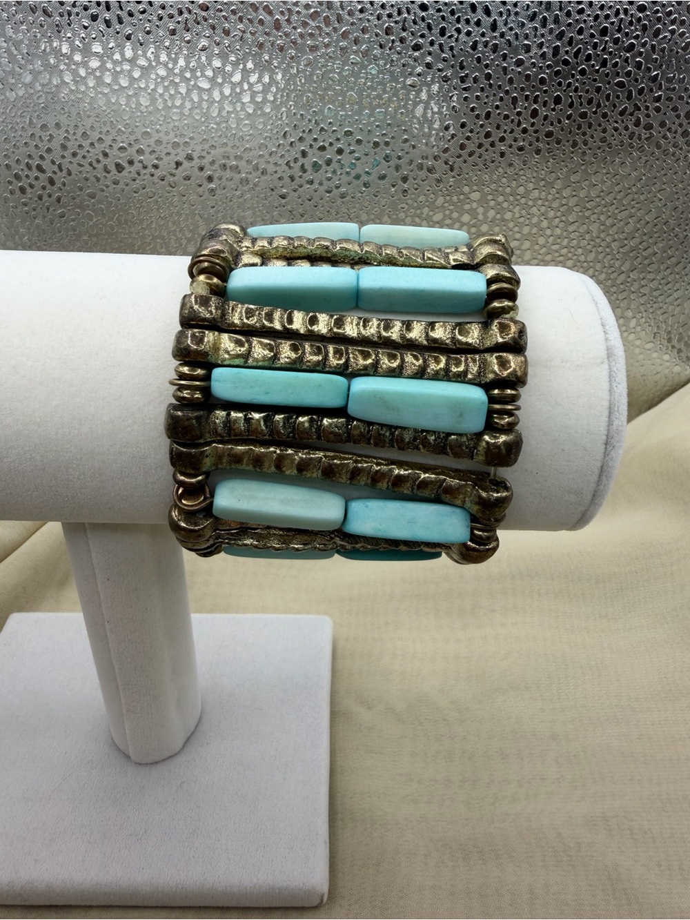 Vintage Boho Chunky Faux Turquoise & Burnished Brass Stretch Cuff Bracelet